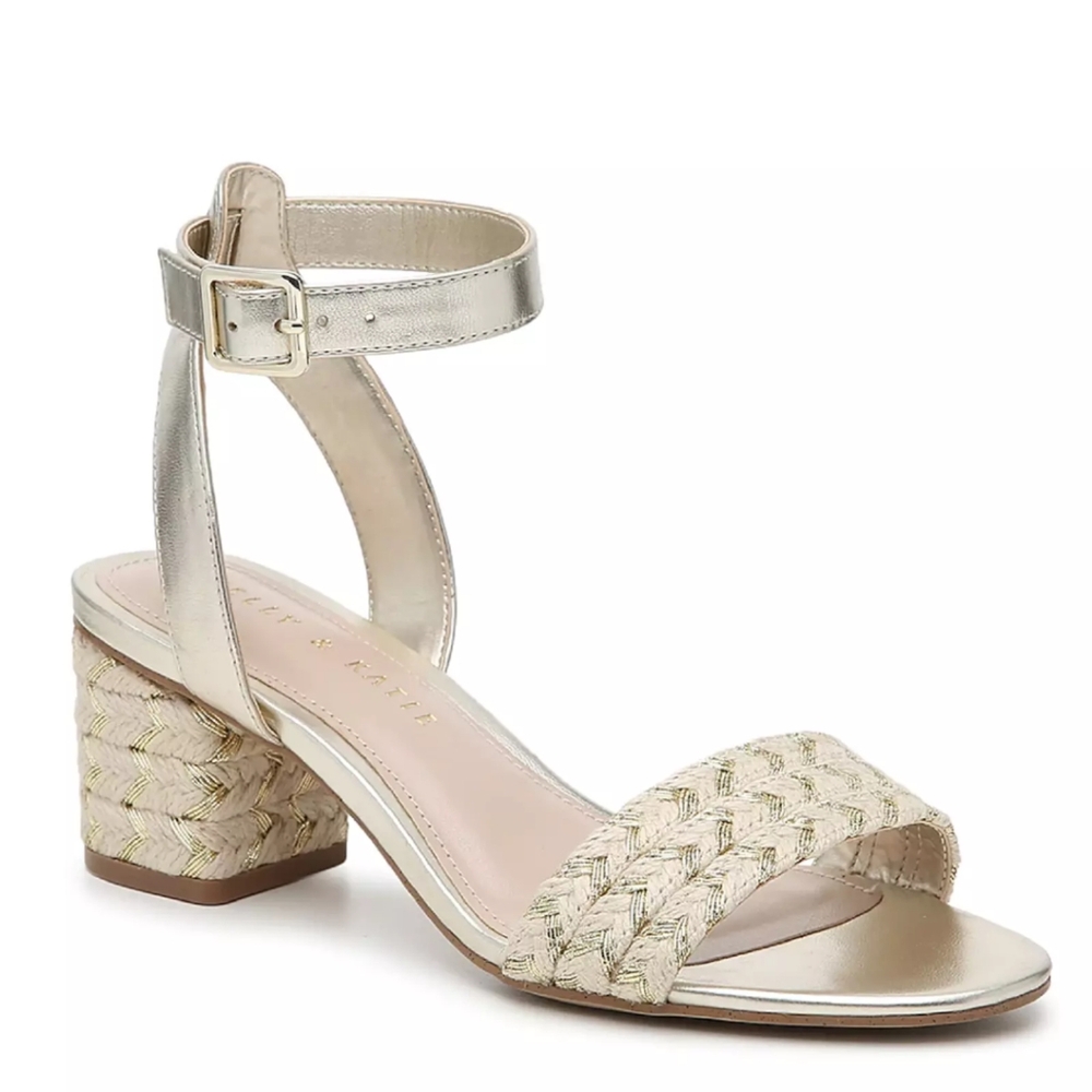 Kelly & Katie Tamara ankle Block Heel Sandals sz. 6.5 Gold & Beige